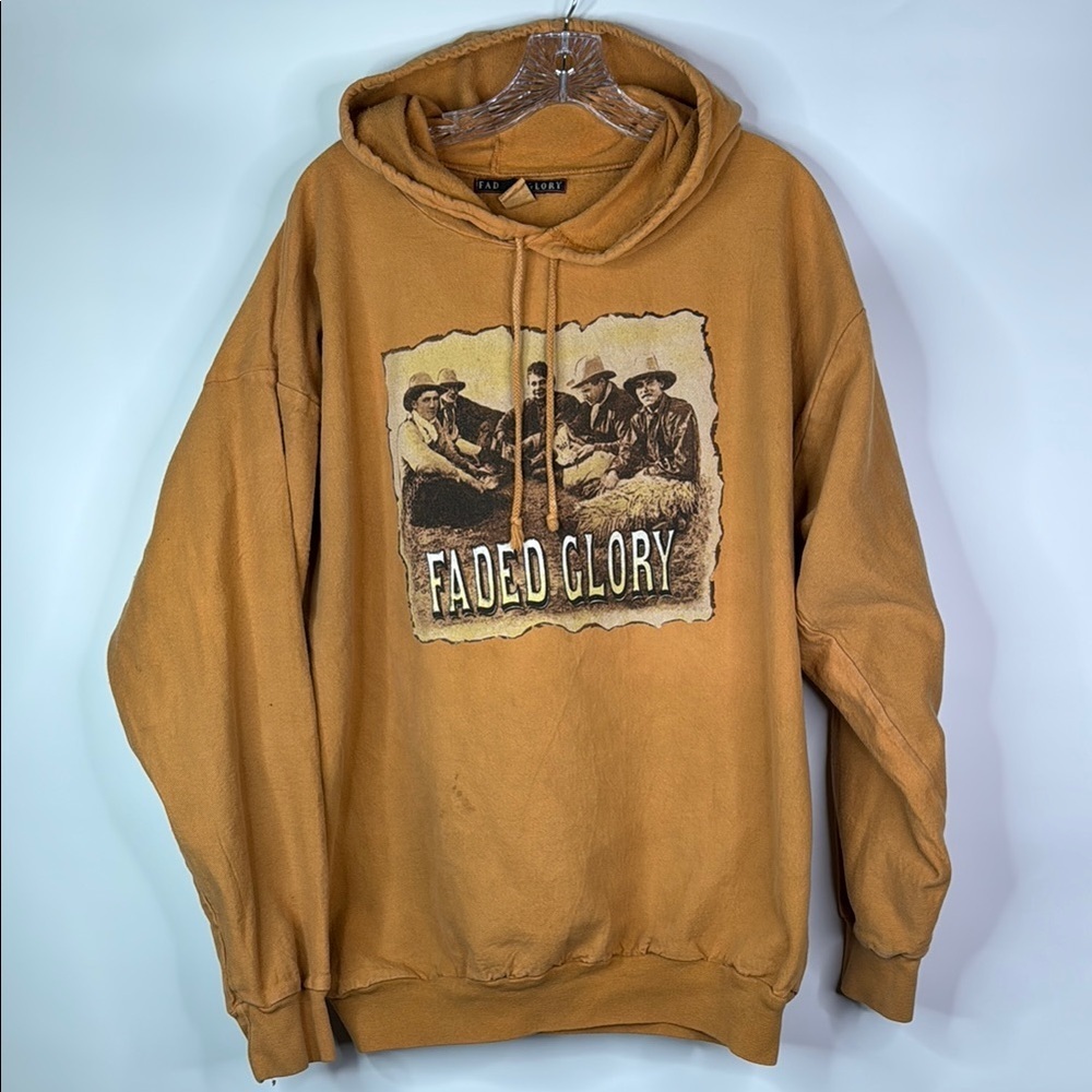 Vintage Faded Glory Orange Large Logo Hooded Sweatshirt Size Large